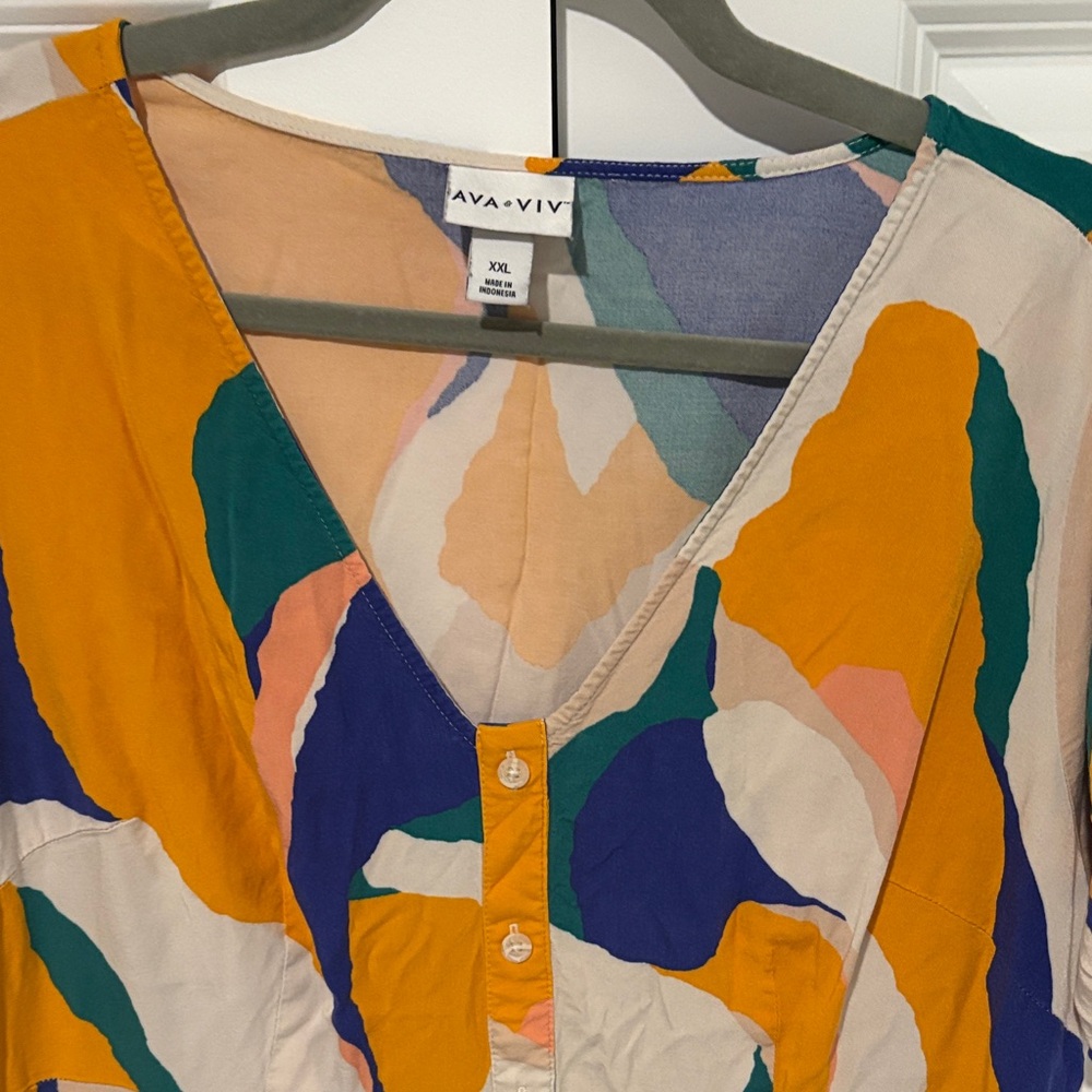 Ava & Viv V-Neck Button-Front Dress in Mustard, Teal, Navy & Blush